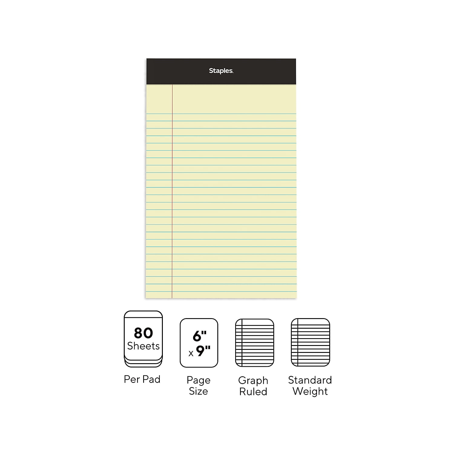Staples Notepads 5" x 8" Narrow Ruled Canary 100 Sheets/Pad 18/Carton ST57302VS