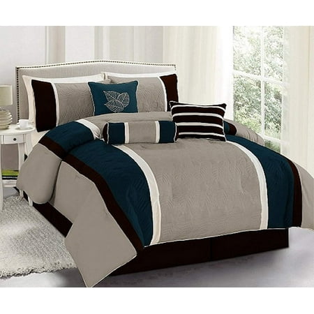 Legacy Decor 7 Pc Navy Brown And Taupe Striped Comforter Set King