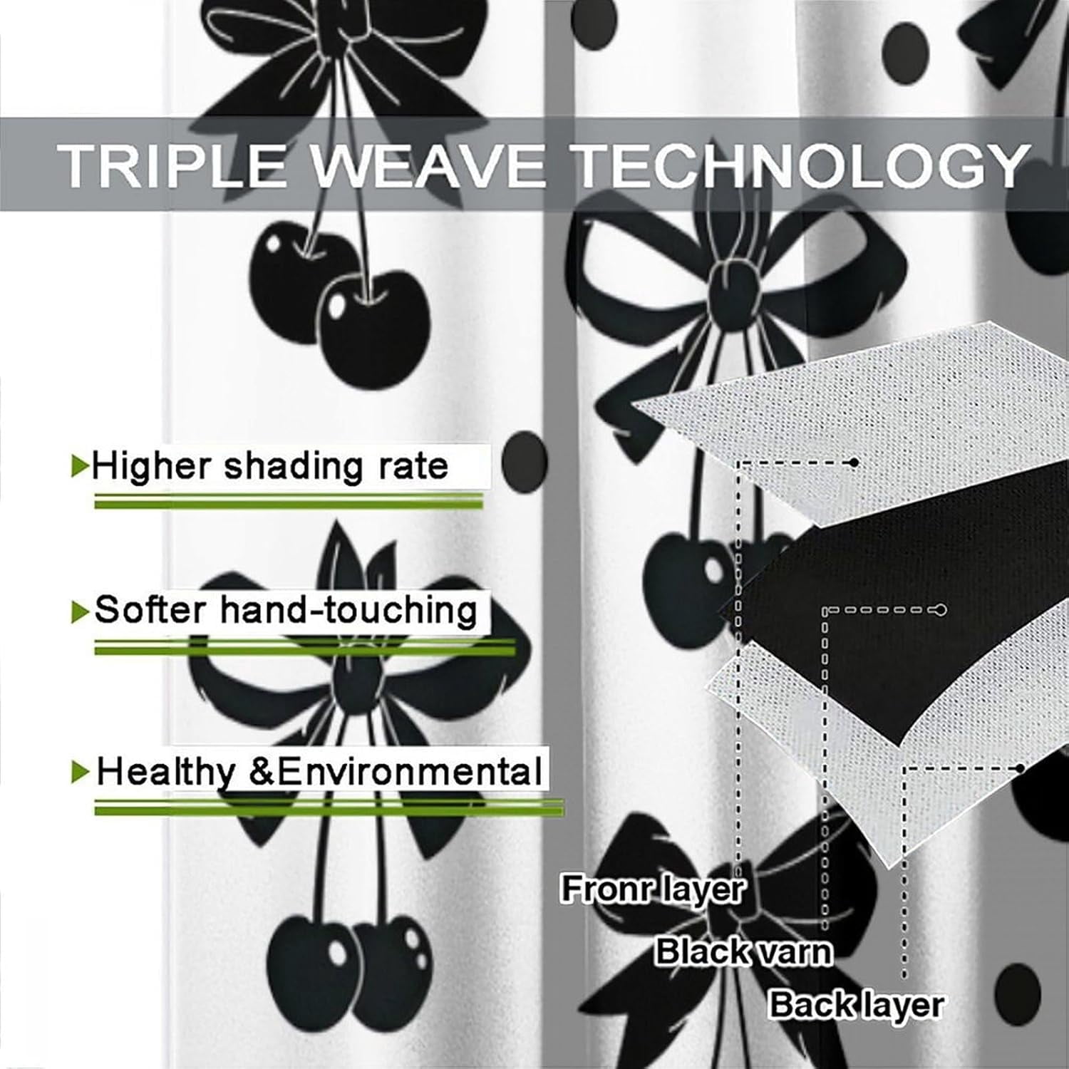 Black Bow Curtains, Vintage Dark White Cherry Ribbon Bows Aesthetic Print Window Drapes Curtains for Kids Girls Bedroom Livingroom Bathroom, 55" W X 39" L