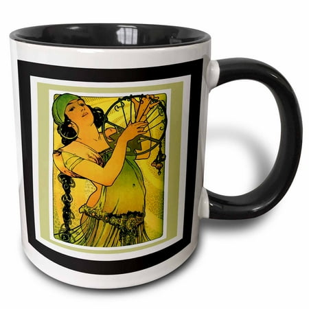 

3dRose Alphonse Mucha Lady Painting Two Tone Black Mug 11oz