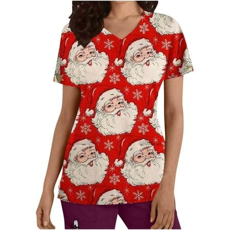 

Mchoice Women s Christmas Costume V-Neck Short Sleeve Nursing Uniform Xmas Printed Workwear Holiday Casual Graphic Tees Blouse Scrubs Tops with Pockets