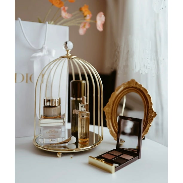 Mirrorred Glass Birdcage Bathroom Tray, Gold Perfume Vanity Tray