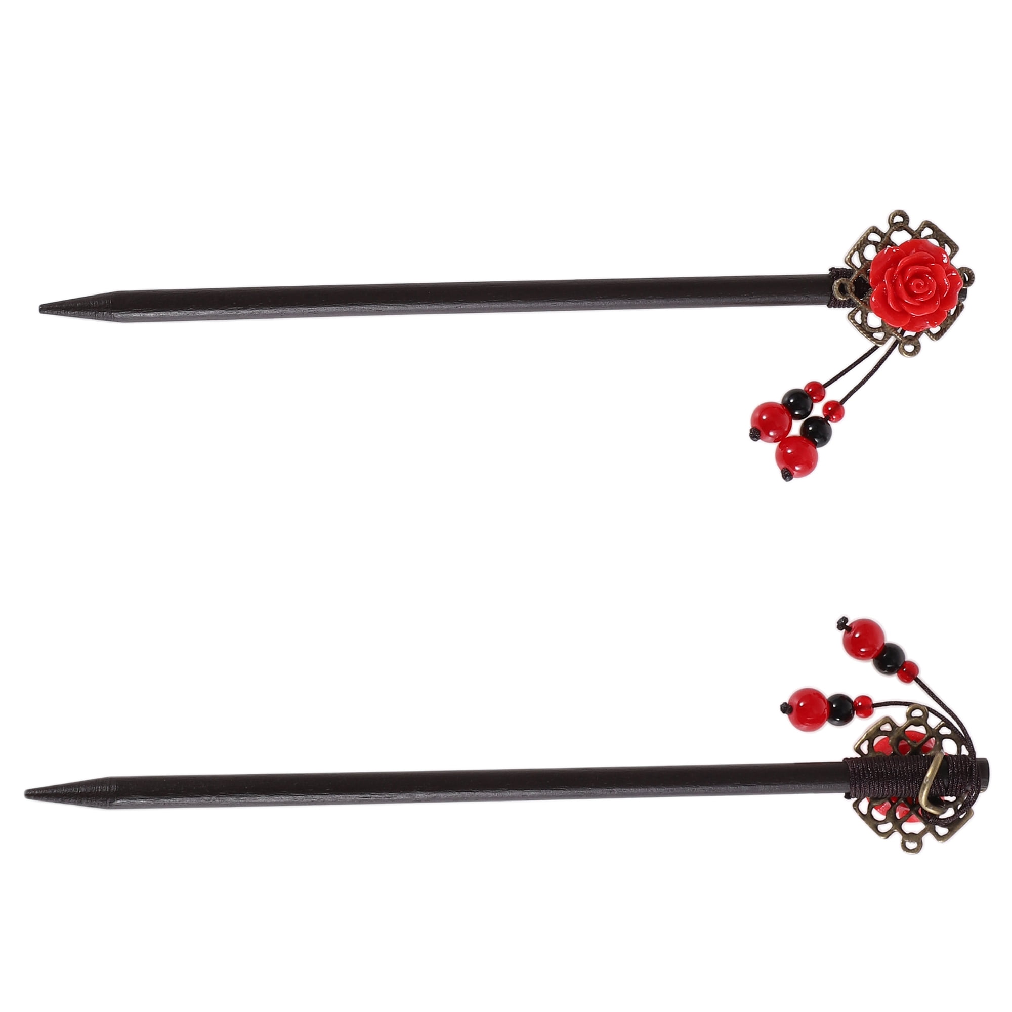Unique Bargains Hair Chopstick for Women Black Red 1 Pc [Flower Tassel]