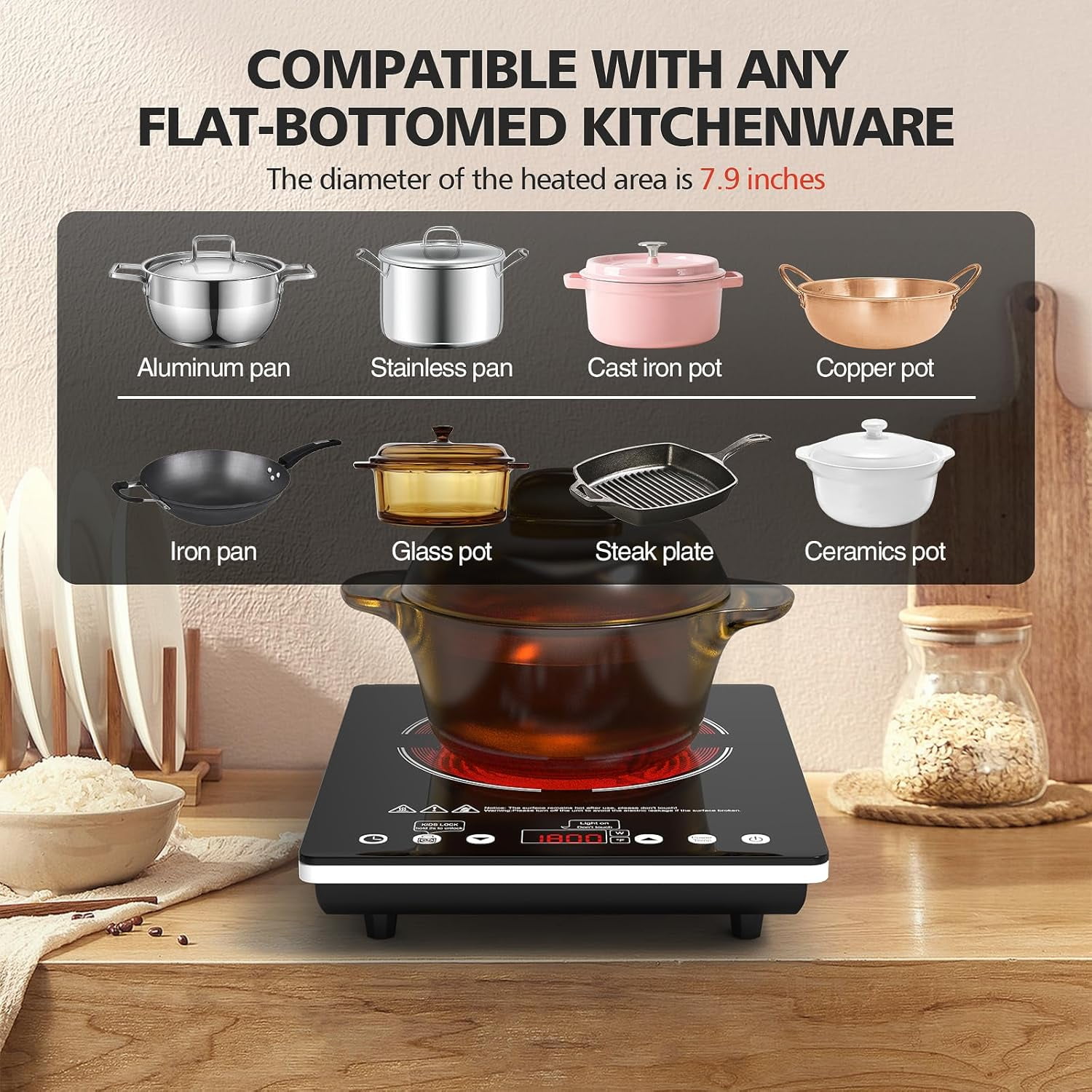 1800W Single Burner Electric Cooktop with Touch Control, 9 Power Levels, Child Lock Timer for Home Camping