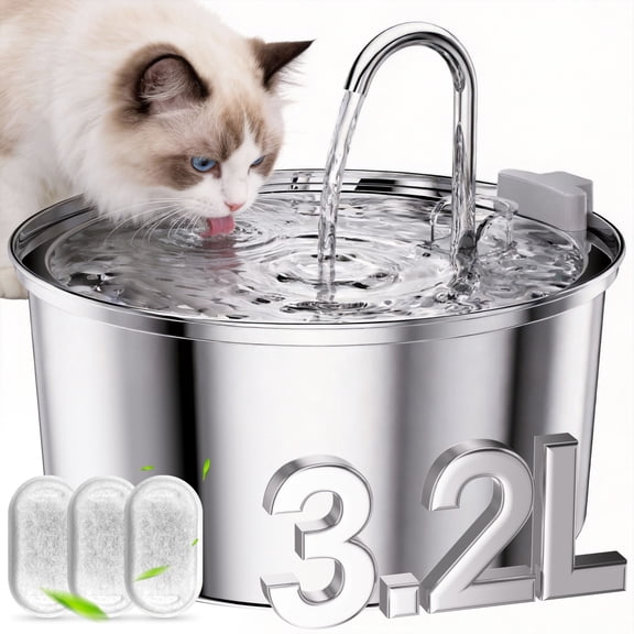 FWMB 108oz/3.2L Stainless Steel Cat Water Fountain with 3 Filters, Dishwasher Safe Automatic Pet Fountain for Dogs & Cats, Ultra-Quiet Pet Water Fountain for Multi-Pet Homes, Cat Fountains Indoor