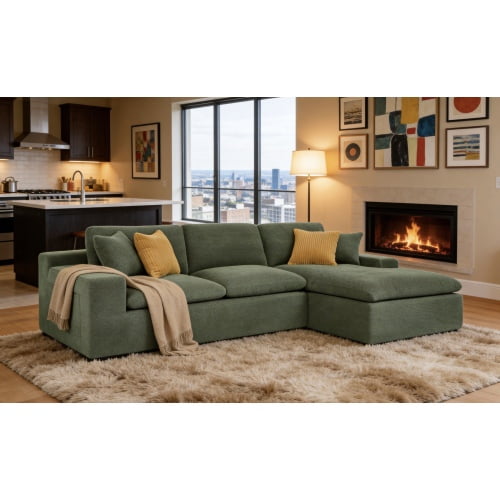 106" Upholstered Sectional Sofa with Chaise, Full Compression Cloud Couch, No Assembly Living Room Sofa with Side Storage Pocket and Throw Pillows, Deep Seat Lounge Couch, Dark Green