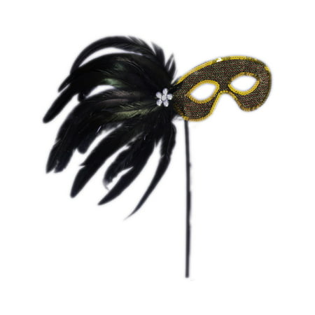 Black And Gold Venetian Costume Carnival Mask With Stick Handle Flower