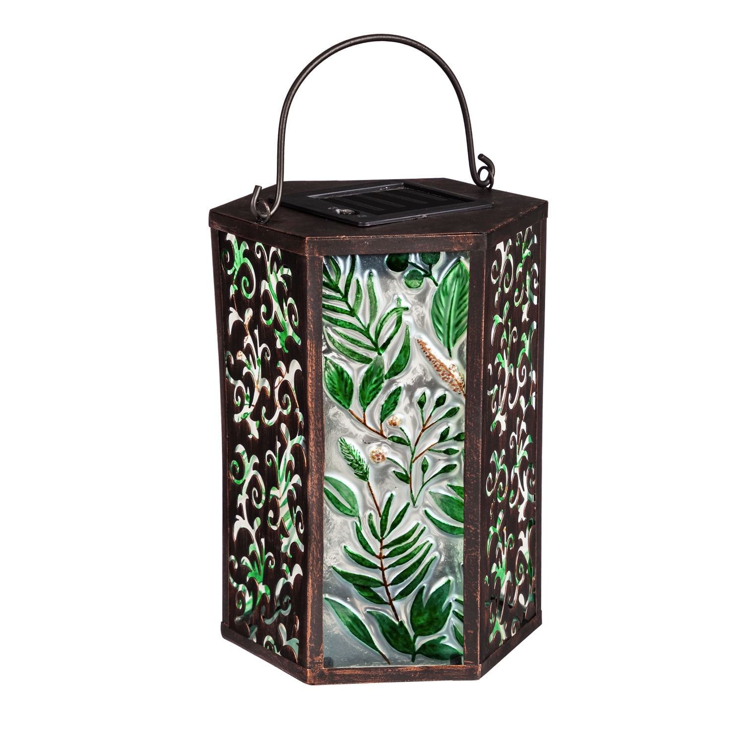 Evergreen Handpainted Embossed Glass and Metal Solar Lantern, Green Botanicals, 5.3'' x 5.9'' x 8.3'' inches.