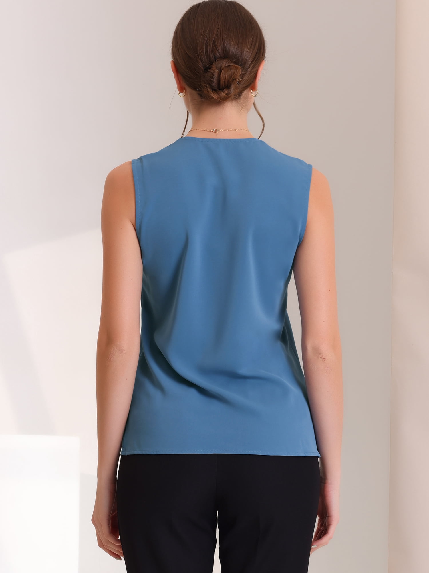 DARING DIVA Sleeveless Pleated Front Work Office Blouse L Blue Gray