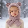 thumbnail image 2 of lnmuld Solid Kids Bear Ear Plush Hat Scarf Integrated Tie Neck Warm Winter Headwear for Boys Girls Light Pink,3-4 Years, 2 of 7