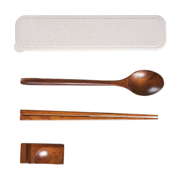 FRCOLOR 12 PCS Japanese Style Solid Wood Chopsticks Spoon Chopstick Rest Set Portable Tableware Set with Case for Camping Travel