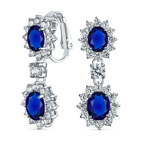 Bling Jewelry Womens Crown Halo Pave Cubic Zirconia CZ Drop Dangling Oval Chandelier Clip On Earrings Statement Non-Pierced