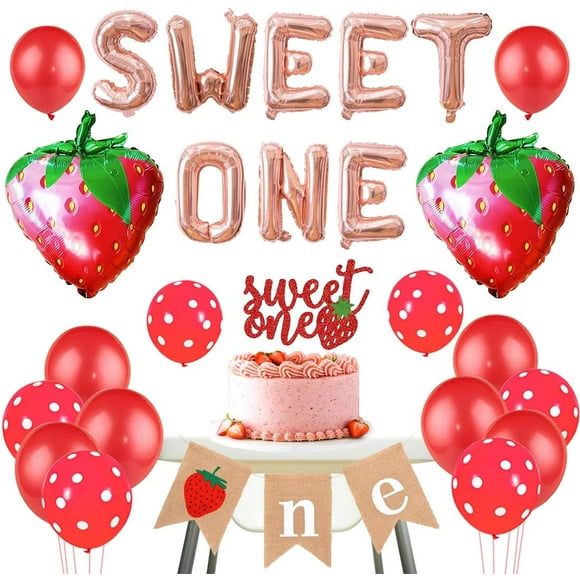 Strawberry 1st Birthday Decorations, Berry Sweet One Birthday Party Decorations Balloons Cake Topper One Highchair Banner for Girl Berry First Birthday Party Supplies