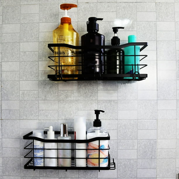 Estante de ducha con ganchos y estante, de acero inoxidable, resistente al óxido y al agua, sin taladros, para ducha interior y baño, color negro