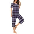 thumbnail image 4 of BiZtdJrK Women's Two Piece Set Casual Pleated Short Sleeve Shirts and Capris Pajamas Sets Trendy Plaid Print Sleepwear Suits with Pockets Lightning Sales Purple XL, 4 of 7
