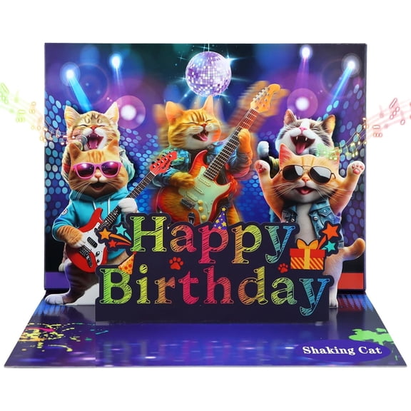 WaaHome Funny Musical Birthday Card – Shaking Cat Pop Up Birthday Card with Music & LED Lights, 3D Disco Dancing Cat Birthday Gift for Men, Women, Husband, Wife