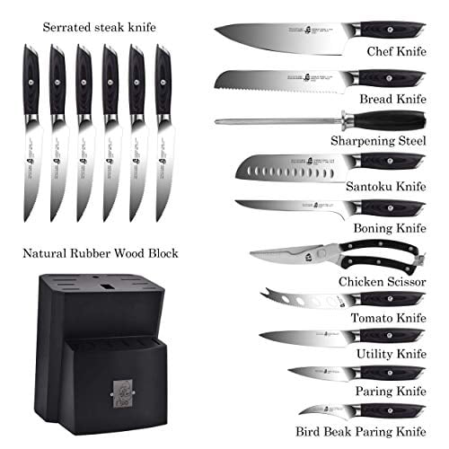 TUO Knife Block Set - 17 PCS Kitchen Knife Set with Wooden Block, Kitchen Knife Set Honing Steel and Shears - German X50CrMoV15 Steel with Full Tang Pakkawood Handle - FALCON SERIES with Gift Box
