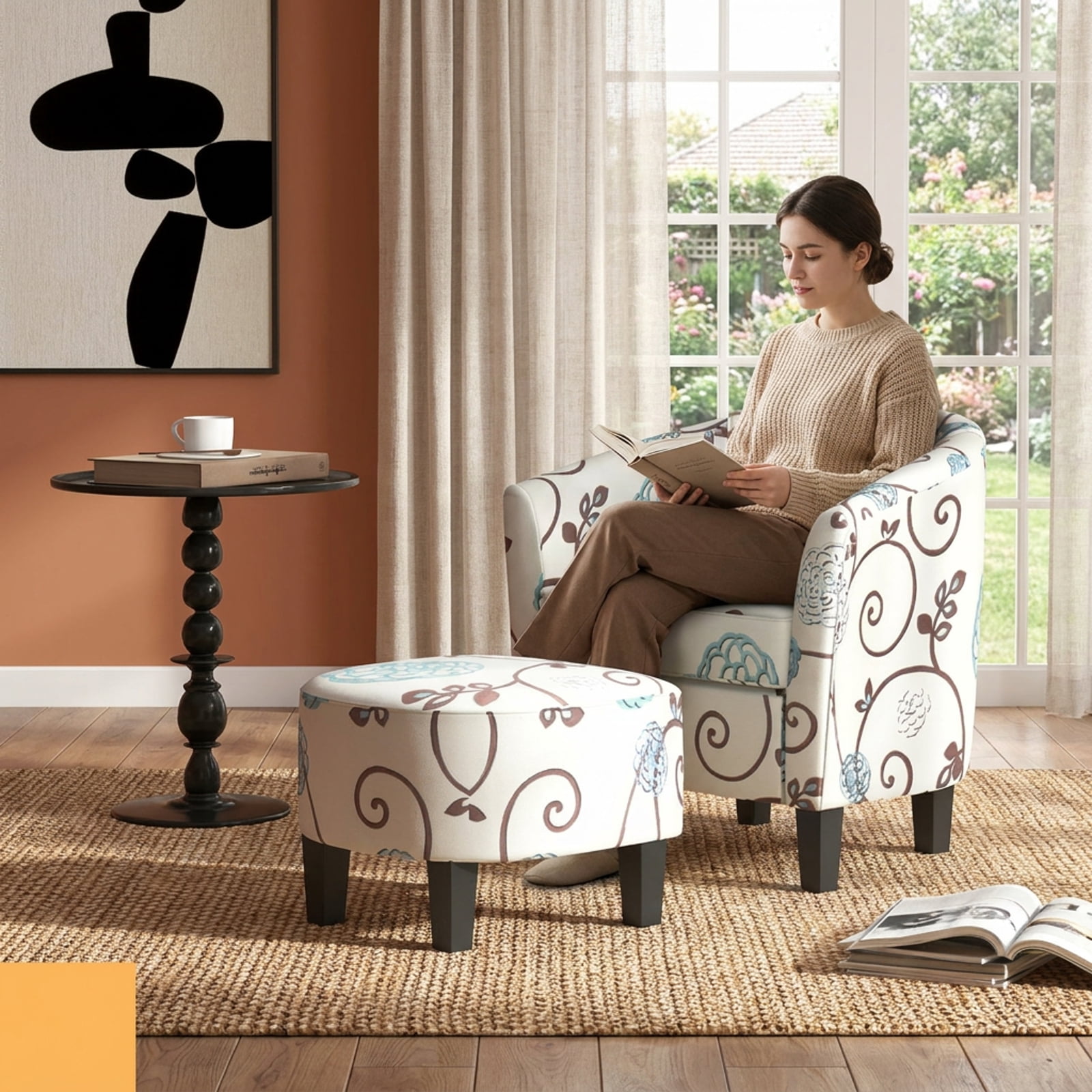 Furnibear Modern Accent Tub Chair and Ottoman Set with Fabric Upholstered for Living Room Bedroom Reading Nook Accent Lounge Home, Beige