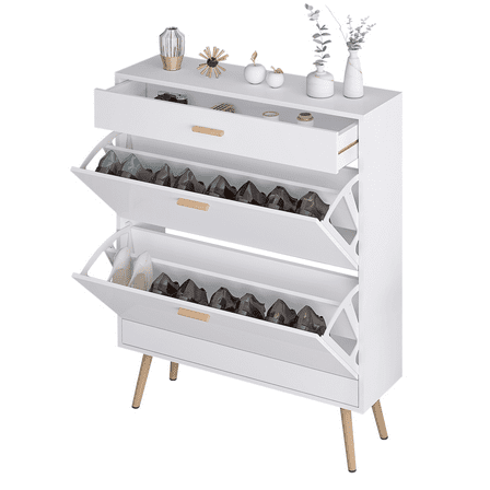 Tcbosik Narrow Shoe Storage Cabinet with Storage Drawer and 2 Flip Doors, Modern Shoe Organizer, Hidden Shoe Rack for Entryway, White