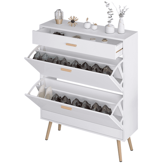 Tcbosik Narrow Shoe Storage Cabinet with Storage Drawer and 2 Flip Doors, Modern Shoe Organizer, Hidden Shoe Rack for Entryway, White