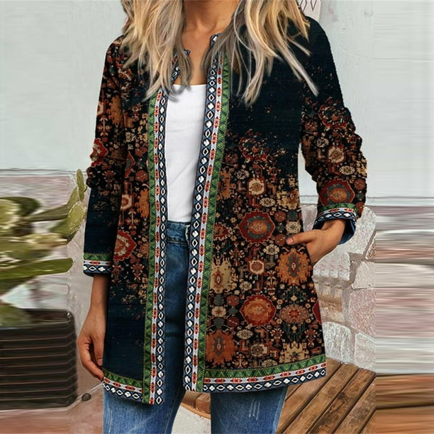 HoWD Women Coat Ethnic Print Pockets Loose Long Sleeve Round Neck Cardigan Jacket for Autumn Winter