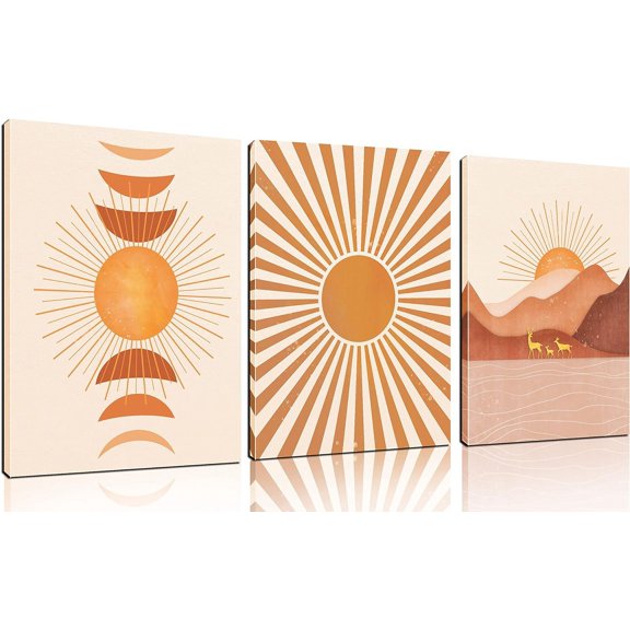 Boho Wall-Art For Bedroom - Mid Century Modern Decor Canvas Print - Orange Minimalist Art Wall Decor Ready To Hang 16" x 12" x 3 Pieces
