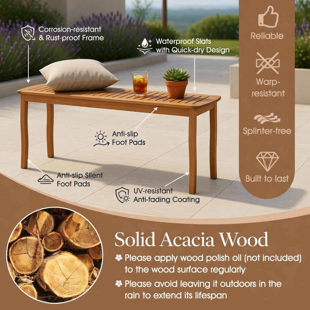 Hommoo Acacia Wood Outdoor Dining Bench, 48" Patio Bench for Garden, Deck & Entryway, Sturdy Slatted Design, Natural