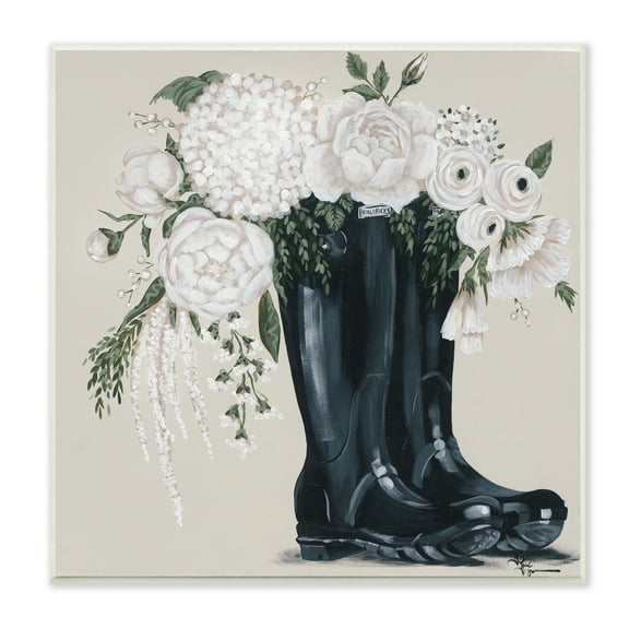 The Stupell Home Decor Collection White Flower Arrangement in Black Boots Painting Wood Wall Art