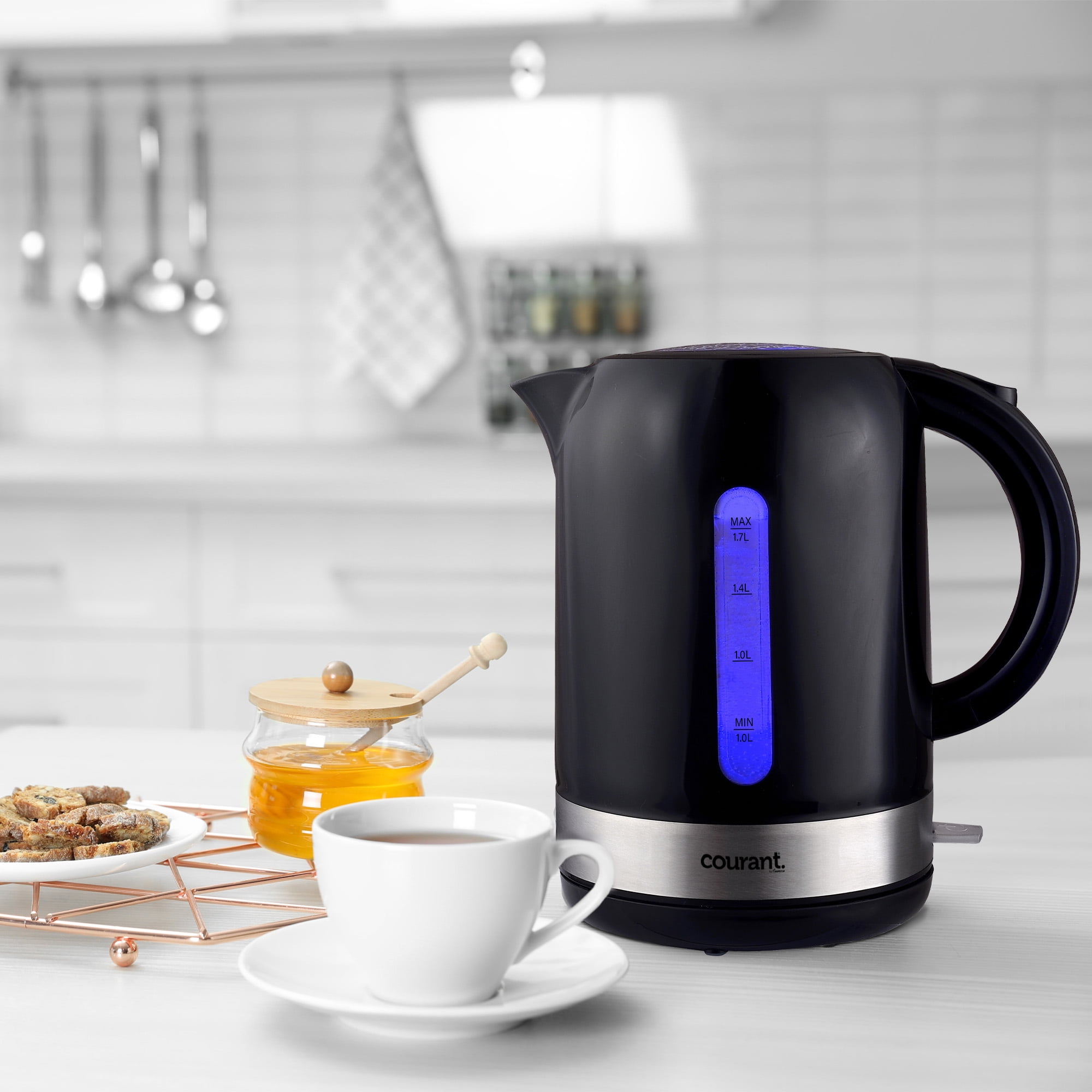 Courant Cordless 1.7 Liter Electric Kettle, LED Indicator, Washable Filter, Durable, Lightweight, New, Black