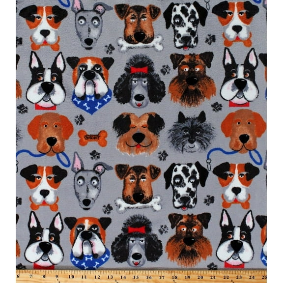 Micro Plush Dogs Dog Faces on Gray 60" Wide Mink-Like Cuddle Feel Fabric by the Yard (6323M-11B-gray)