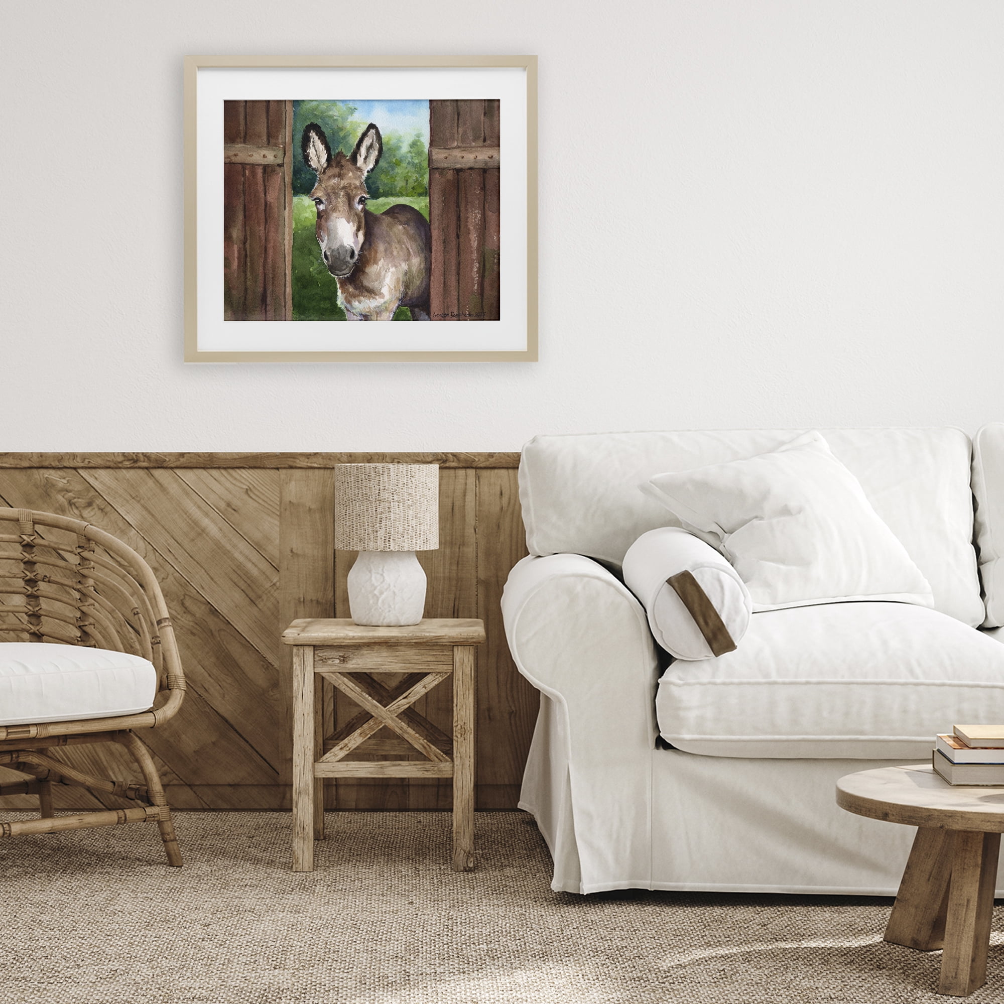 Stupell Industries Donkey in Wooden Gate Birch Framed Print Under Glass, design by George Dyachenko