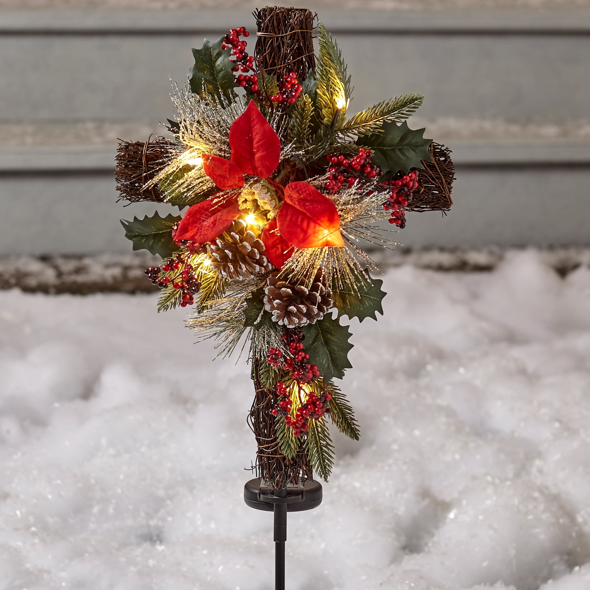 The Lakeside Collection Solar Lighted Cross with Faux Spring Flowers Stake Cemetery Memorial