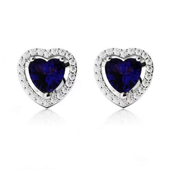 Paris Jewelry 14k White Gold 2 Ct Created Halo Heart Blue Sapphire Stud Earrings Plated
