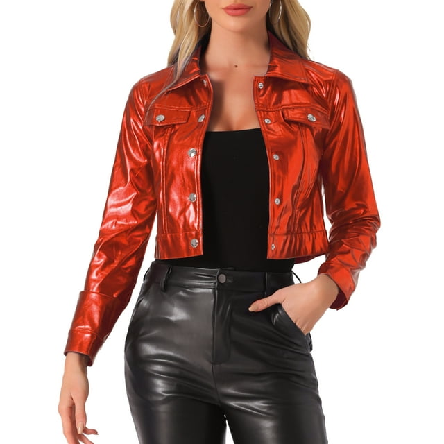 CHAQUETA METÁLICA BRILLANTE DE CICLISTA CON BOTONES PARA MUJERES INSPIRE CHIC L ROJA