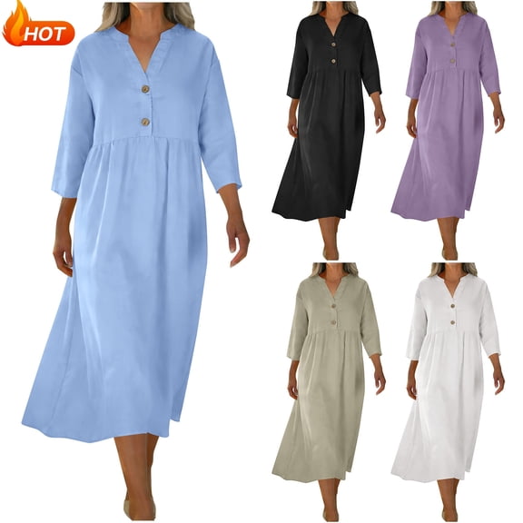 Taqqpue Women Button Down Dress Solid Color V Neck 3/4 Sleeve A Line Maxi Dress Loose Fit Plus Size Long Beach Sundress for Women