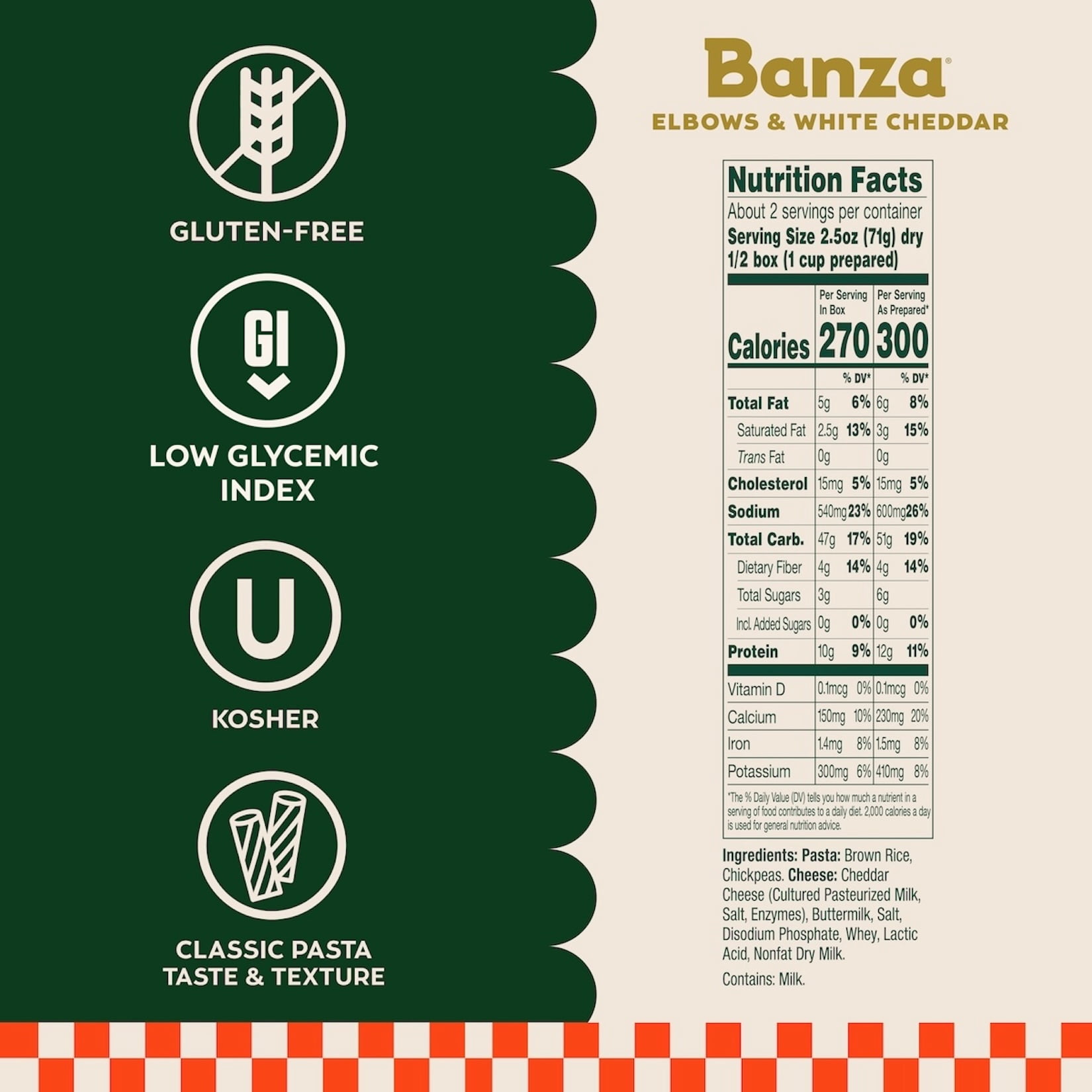 Banza Brown Rice White Cheddar Elbows Mac & Cheese, 5.5oz, Classic Cheesy Taste, Made in Italy