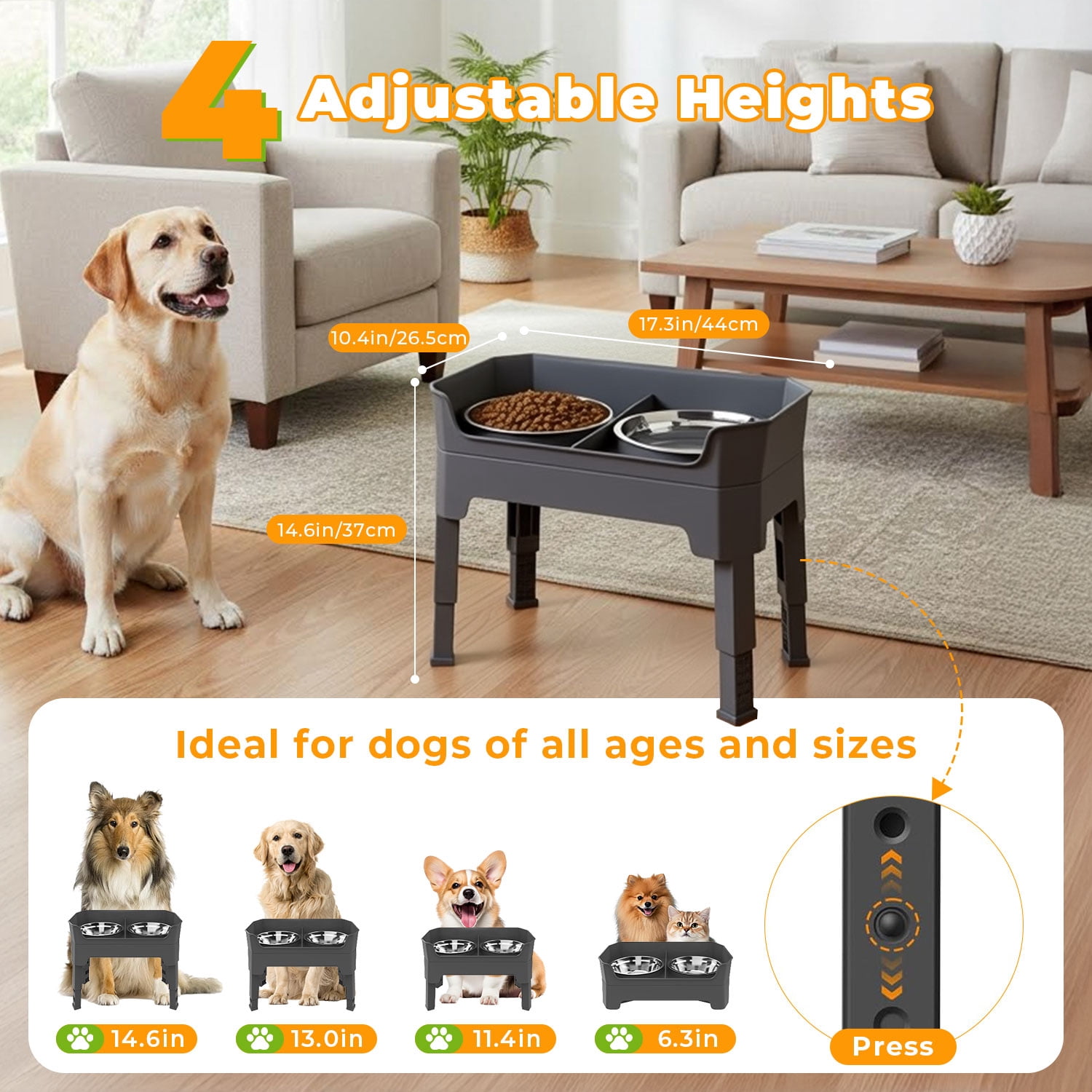 Adjustable Elevated Dog Bowls with Stand, 4 Height Settings, Double Stainless Steel Bowls with Raised Splash Guard, Feeding Station with Licking Tray