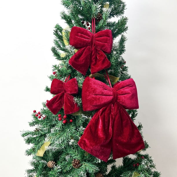 Adornos navideños con nudo de terciopelo, lazo de terciopelo burdeos, adorno para puerta de árbol de Navidad, decoración de pared, lazos, adornos navideños, decoraciones navideñas para exteriores, dec