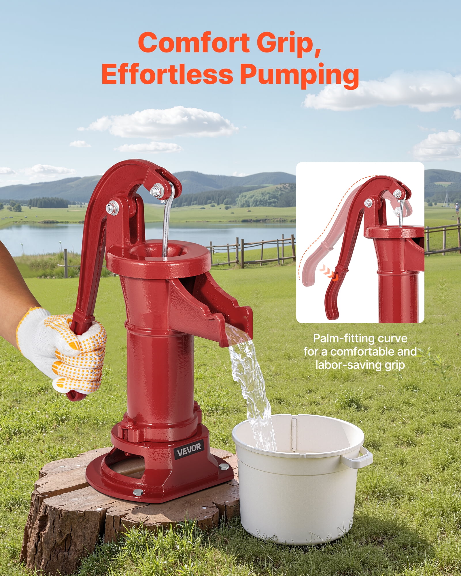 VEVOR Well Hand Pitcher Pump, 25 ft Maximum Lift, Antique Cast Iron Manual Hand Water Pump, NPT 1-1/4 in Connection, Easy Installation, Old Fashioned for Outdoor Garden, Pond, Backyard, Farm, Red