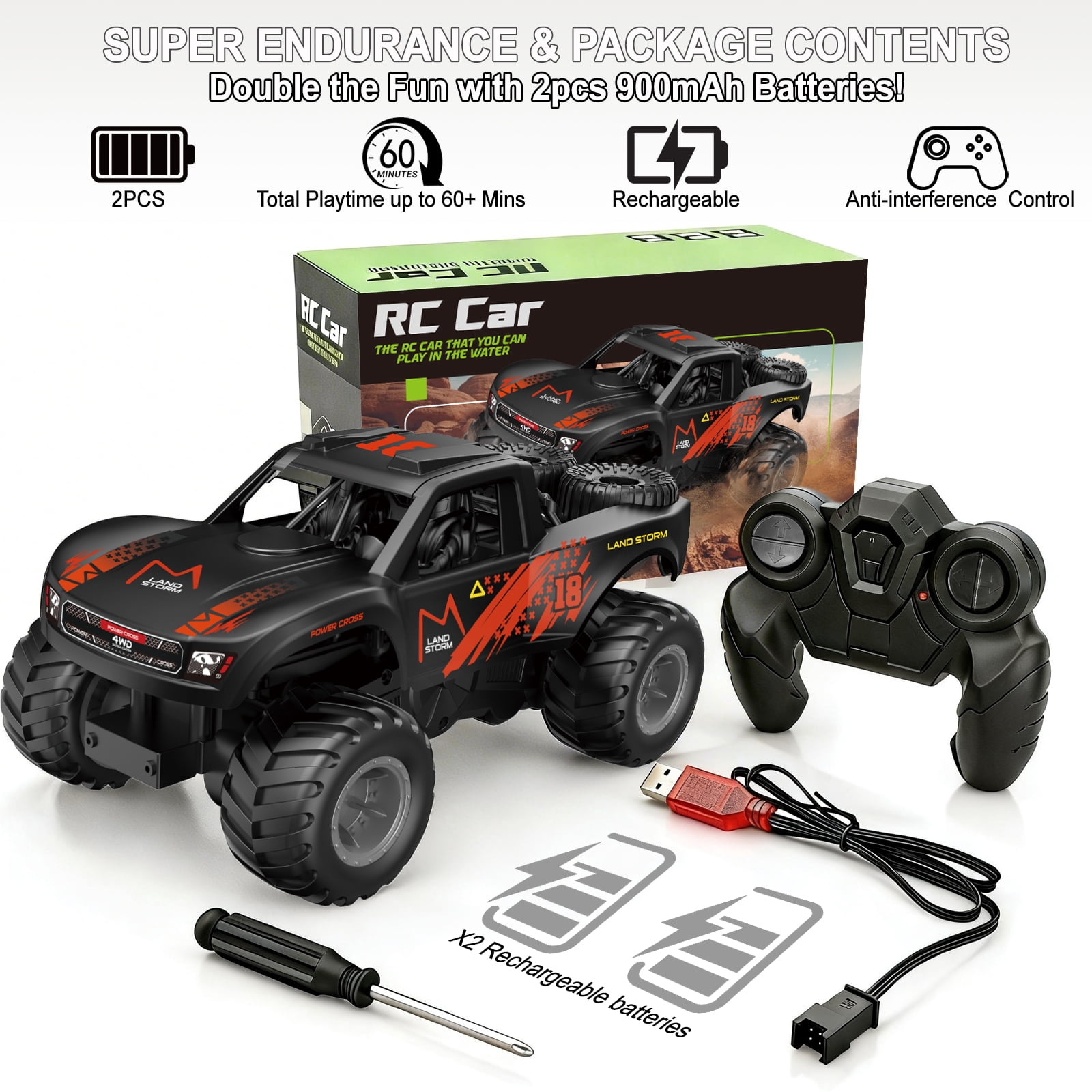 Amphibious Remote Control Car Monster Truck - 4WD Waterproof 1:16 Large All Terrain Off Road Vehicle with 2 Rechargeable Batteries RC Drift Cars Beach Pool Toys Gifts for Boys Kids 8-12