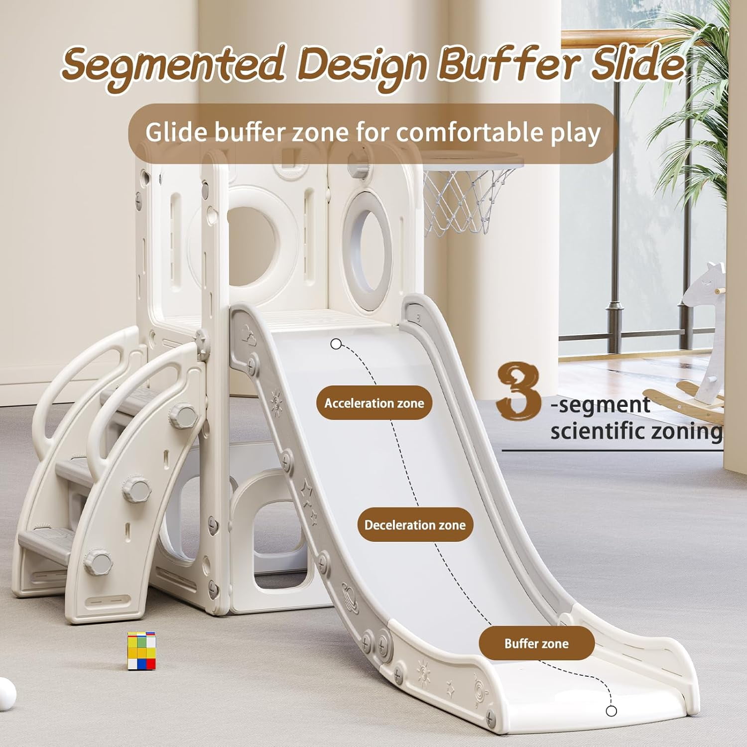 6 in 1 Toddler Playset with Slide, Kids Slide with Basketball Hoop, Ball, Ring Toss, Indoor Outdoor Toys White