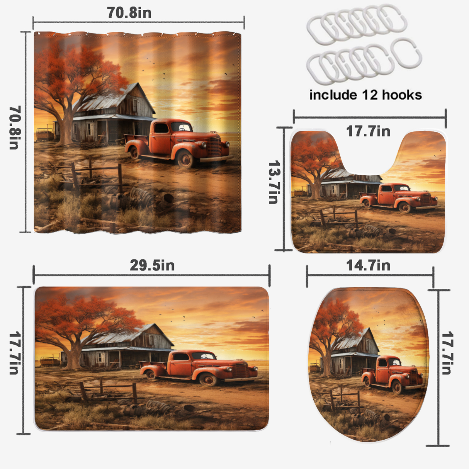 Vintage Farm Truck 4 Pieces Shower Curtain Set with Non-Slip Rug Western Farmhouse Country Natural Scenery Bath Curtain for Bathroom Waterproof Fabric Bathroom Decor Set, 72x72 Inch