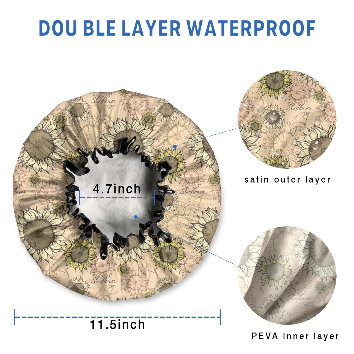 Shower Caps,Beige Sunflower Small Flower Pattern Waterproof Shower Cap for Women 4 Pieces,Double Reusable Hair Cover for Shower PEVA Elastic Stretch Hem