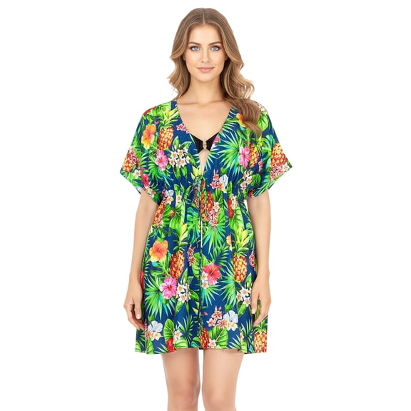 LA LEELA Women's Beachwear Summer Swim Beach Dress Cover ups for Swimwear Women Short Fall Swimsuit Coverups for Women Tops XL-XXL Forest, Pineapple Floral