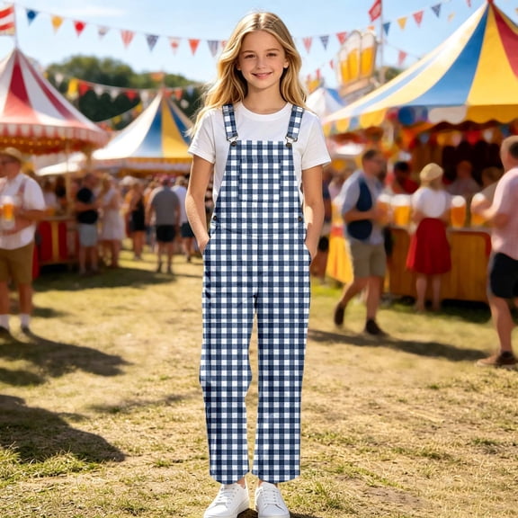 FYDUU Girls Overalls Kids Casual Sleeveless Plaid Jumpsuits Adjustable Straps Suspender Pants School Casual Overalls Trousers With Pockets 11-12 Years