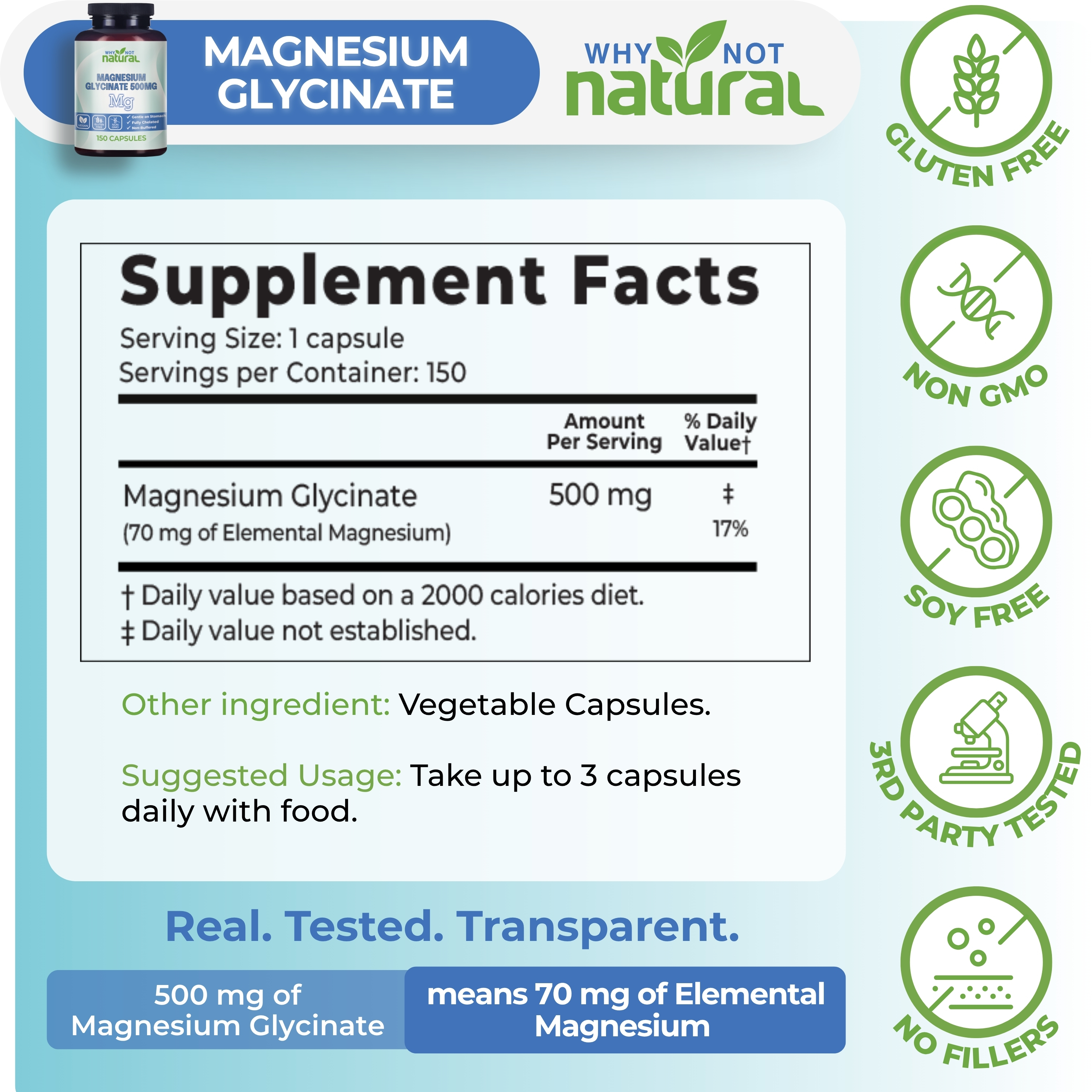 Why Not Natural Magnesium Glycinate 500 mg Capsules Supplement - Vegan, 100% Pure, No Filler - Supports Sleep and Relaxation