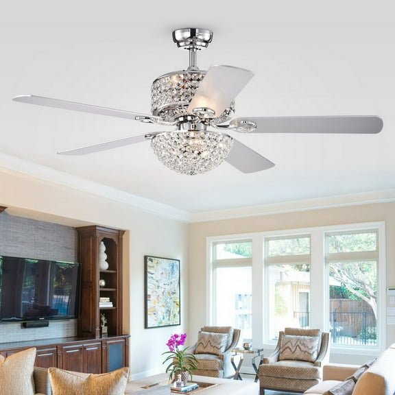 Laure Chrome 5-blade 52-inch Lighted Ceiling Fan with Crystal Shaded Chandelier (Remote Controlled)