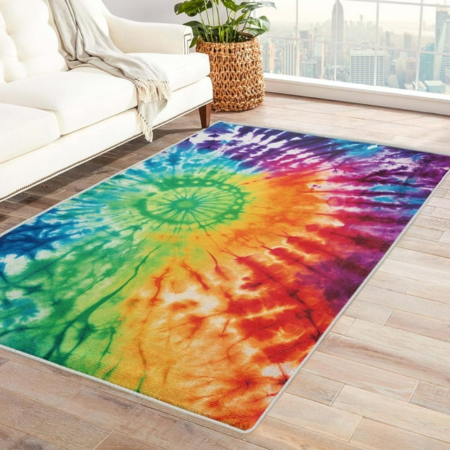 Tie Dye Rugs for Girls Room - Washable Rugs Tie Dye Rug & Home Decor, 3x5 Area Rug, Psychedelic Tie Dyed Rugs for Entryway, Non Slip Low Pile Small Indoor Door Mat, Rainbow Colorful Carpet