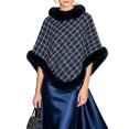 thumbnail image 5 of Puyaiuu Women Tweed Faux Fur Trim Cape Poncho Winter Warm Outerwear Shawl Navy Free Size Gift, 5 of 7