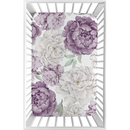 Sweet Jojo Designs Peony Floral Garden Purple Ivory Mini Fitted Crib Sheet